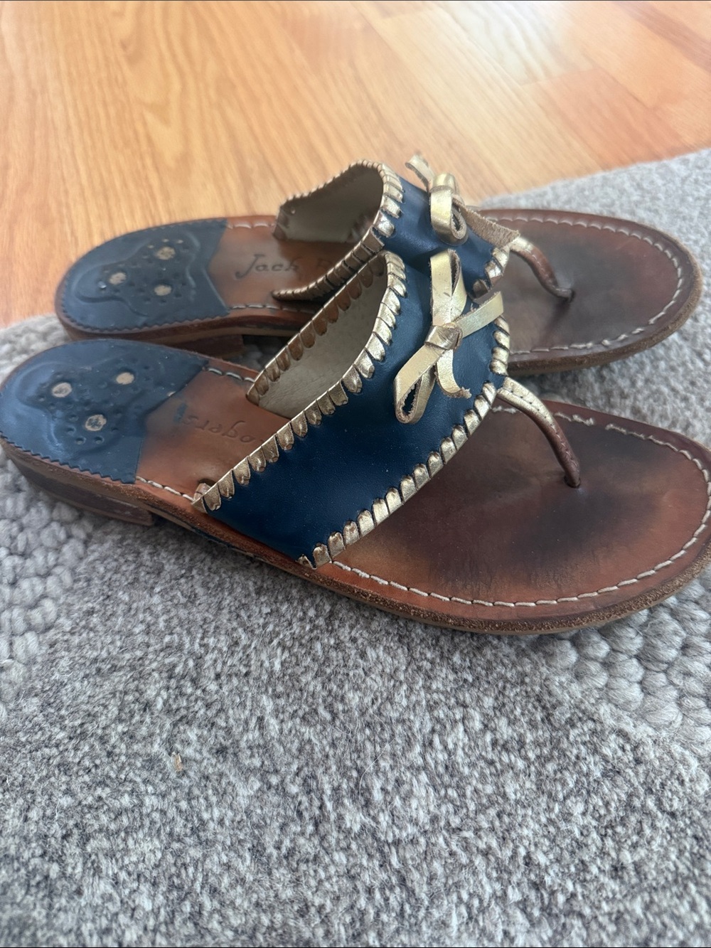 Jack Rogers Navy and Gold Bow Thong Sandals